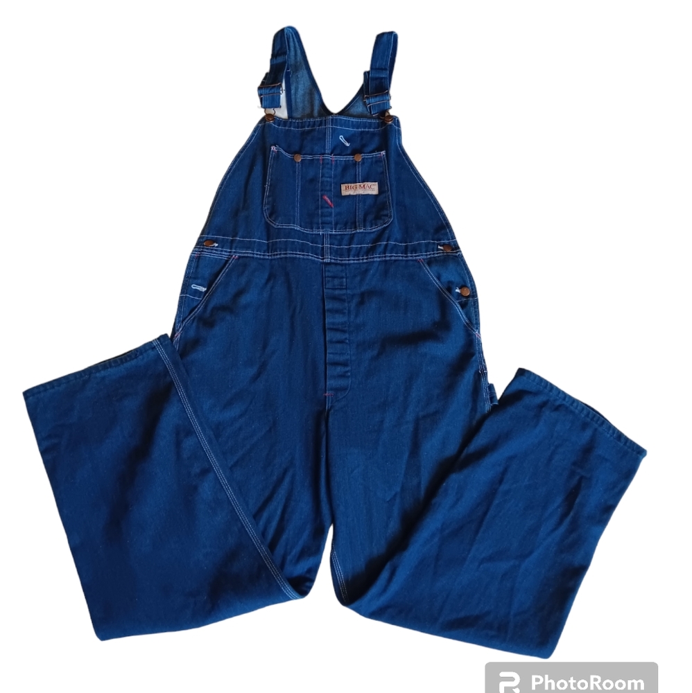 Big Mac Overalls Mens 38x32 Blue Denim Carpenter Bib Square Vintage